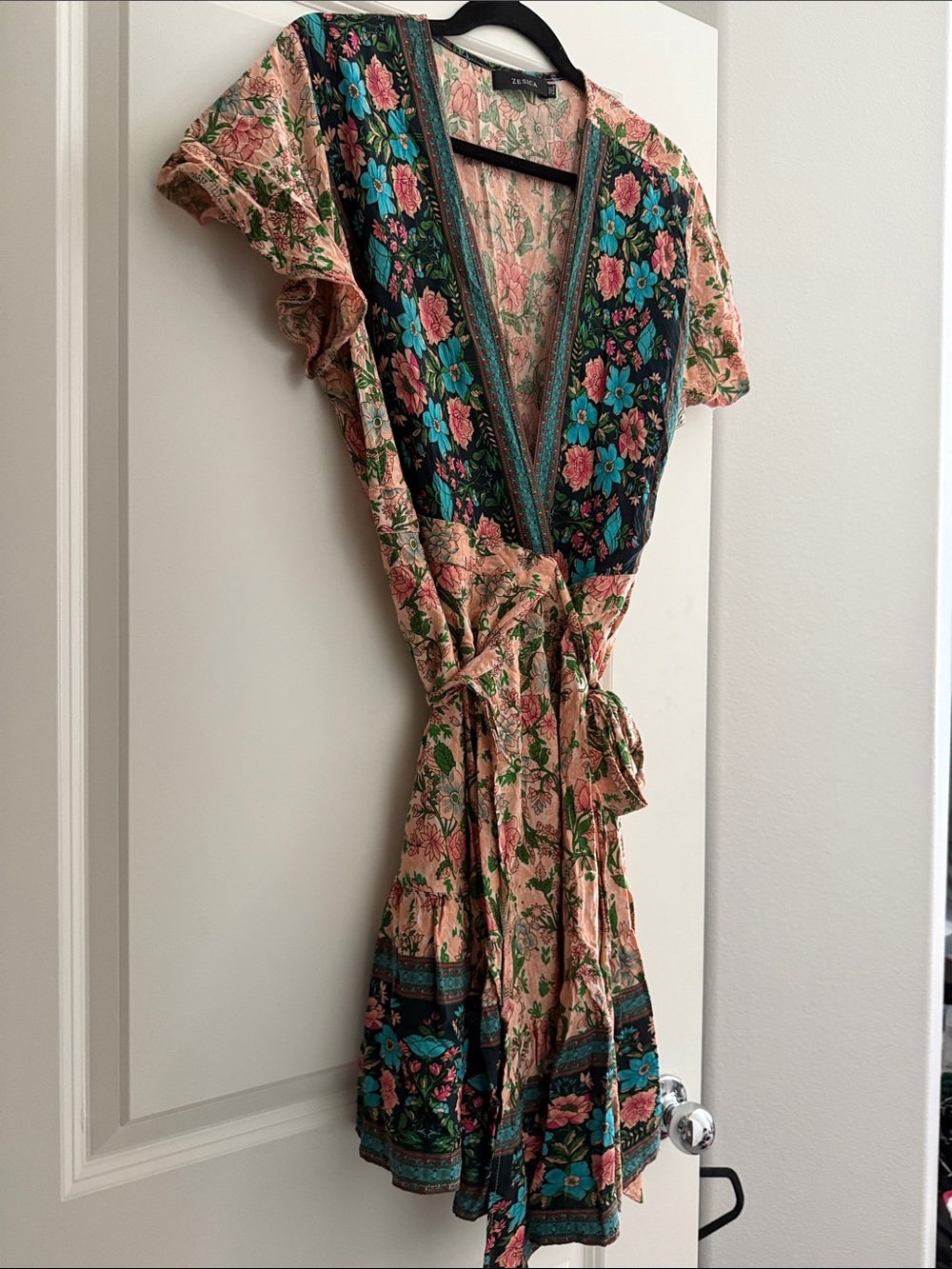 Peach Floral V-Neck Wrap Dress with Teal Accents